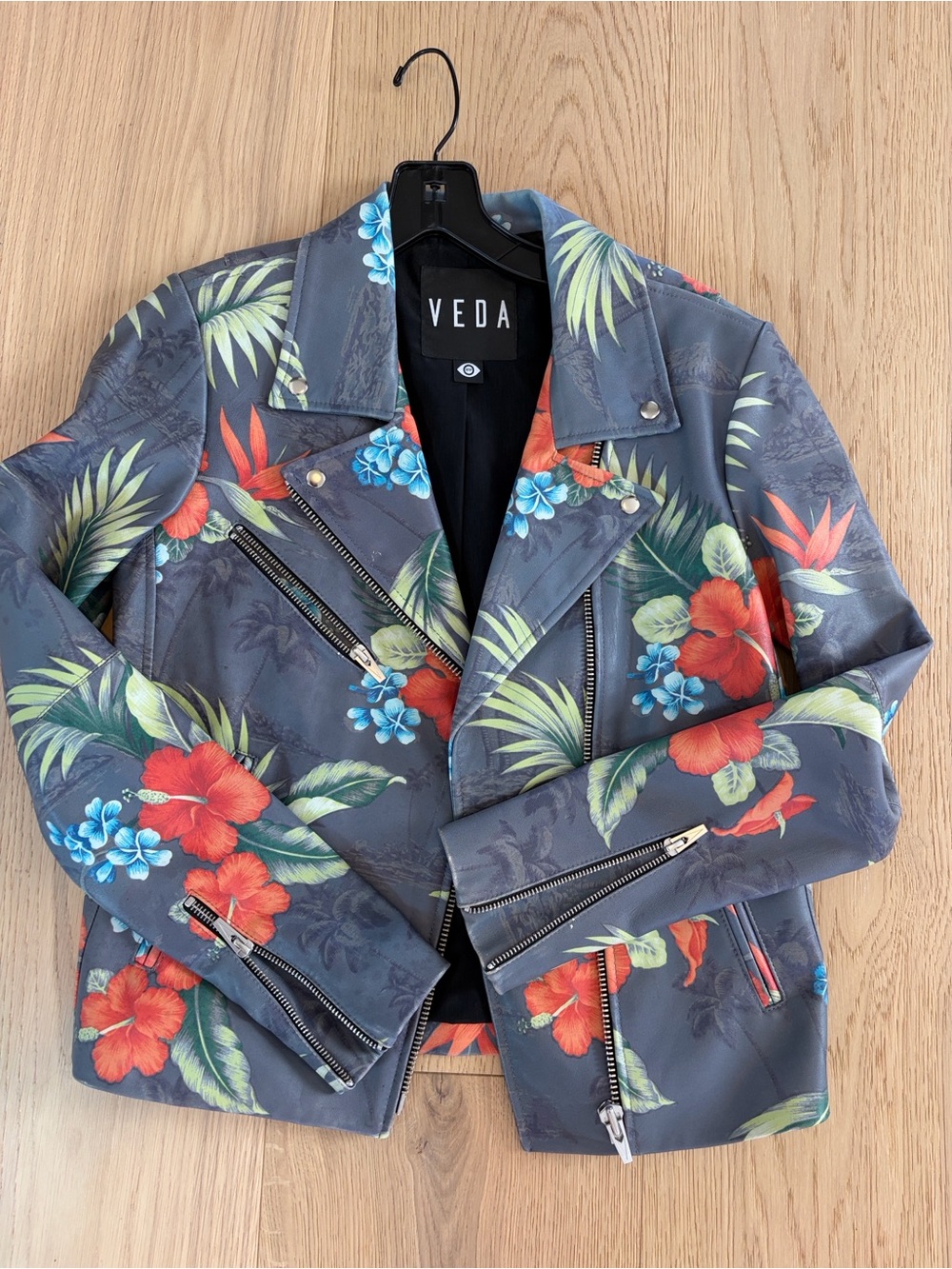 Veda Gray Floral Lamb Leather Biker Jacket with Tropical print